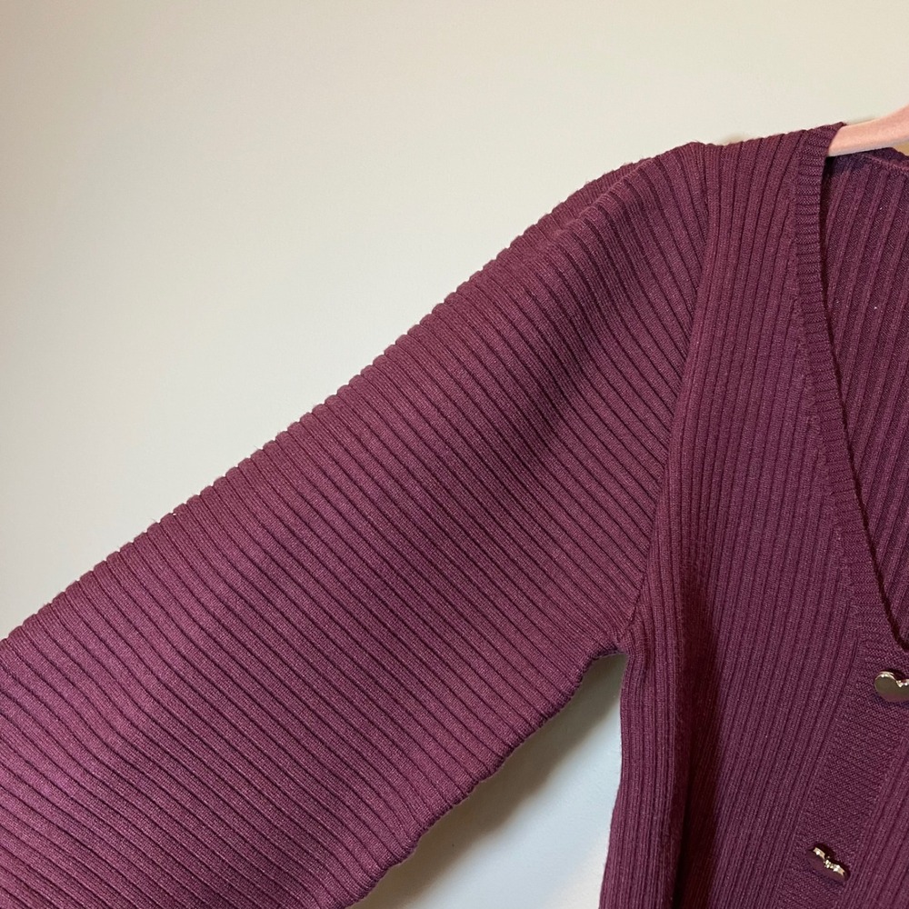 Anthropologie Ribbed Heart Button Cardigan Plum Puff Sleeve‎ Sweater XS NWT - Picture 7 of 12